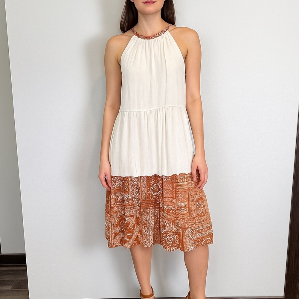 Hem & Thread Cottagecore Prairie Paisley Boho Halter Cream Rust Brown Dress